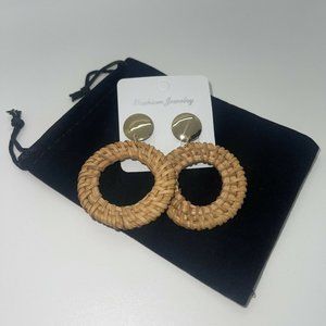Rattan Gold Stud Earrings Raffia Straw Wicker